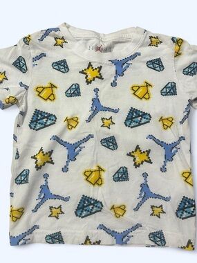 Kids Jordan White Tee with Blue and Yellow Pixel Graphics